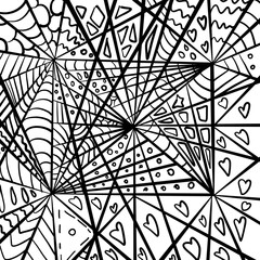 A monochrome drawing featuring a spider web pattern with hearts, showcasing symmetry and parallel lines. The design includes circles and triangles, embodying artistic expression
