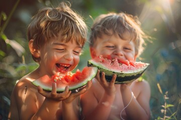 Summer Bliss: Children Enjoying Watermelon Delight