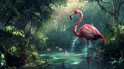 Pink flamingo beautiful in the fantasy forest