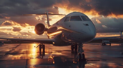 Golden Hour Glow: Emphasize the golden hour glow on the private jet's exterior, with sunlight streaming through the clouds. Generative AI