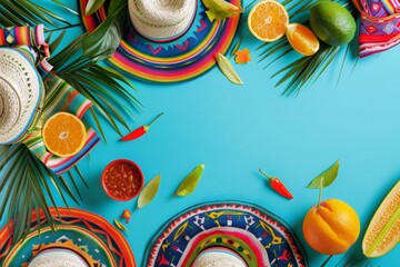 A colorful flat lay featuring a traditional Mexican sombrero, citrus fruits like oranges and limes, tropical palm leaves, and refreshing orange beverages.