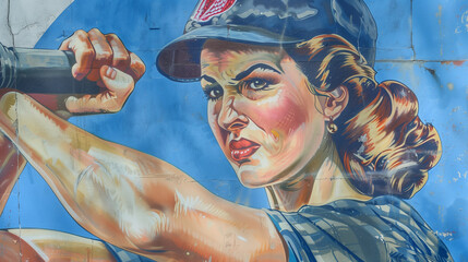 A vibrant mural portraying the concept of female pride and women empowerment, featuring a powerful woman flexing her arm
