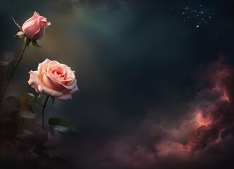 Pink roses on a black, night, romantic background to your Text