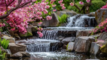 A beautiful garden with a small waterfall and pink flowers