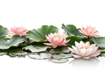 A delicate pink lotus flower blooms amidst dark green lily pads, reflecting in the tranquil waters, embodying peace and purity.