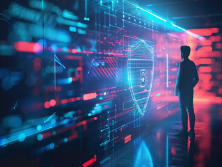 Fototapeta premium The figure of a person with a virtual shield with a lock icon standing in front of a screen with personal data. The concept of protecting information from cyberattacks.