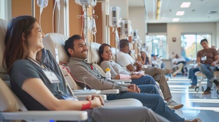 A welcoming, lit hospital space where smiling people from all walks of life donate blood. World Blood Donor Day