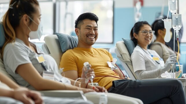 A vibrant, light-filled room captures diverse people smiling together as they contribute blood. World Blood Donor Day