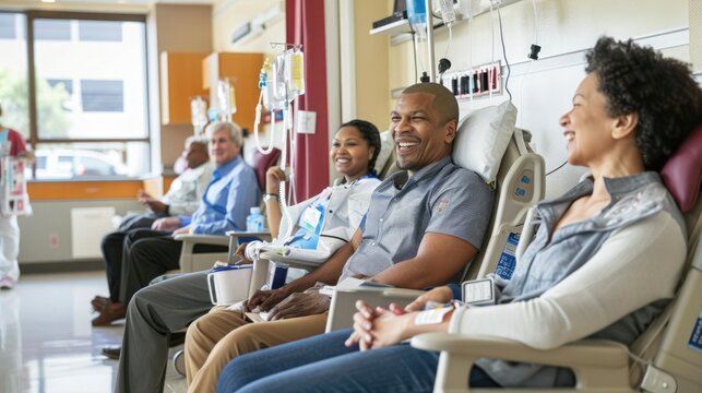 Individuals from diverse backgrounds smile as they give blood in a bright hospital room. World Blood Donor Day
