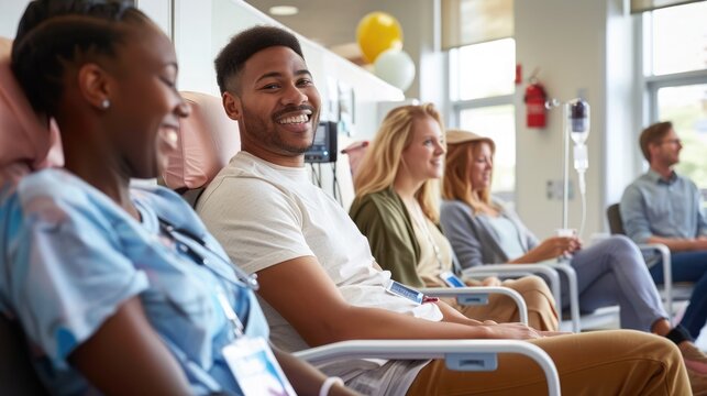 People of various backgrounds seated and donating blood in a sunlit room, all sharing smiles. World Blood Donor Day