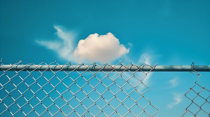 Сlouds in the blue sky behind an open chain link fence. Background. Generated by artificial intelligence.
