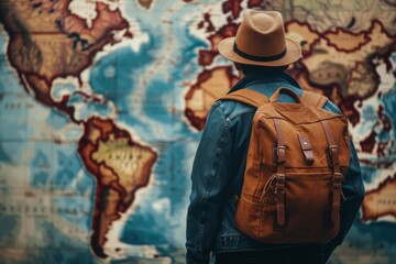 Contemplating Adventure: Man with Backpack and Hat Standing in front of World Map