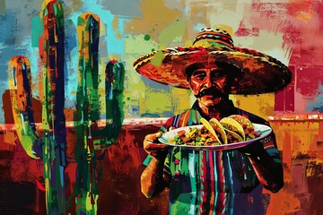 A painting depicting a Mexican Taco Seller joyfully holding a plate of food.
