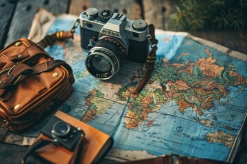 Vintage Travel Essentials: World Map, Camera, and Bag. Ready for Adventure