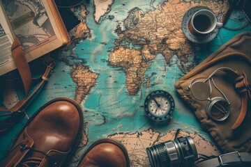 Retro Travel Prep: World Map, Shoes, Compass, Bag, Lens, and Coffee Cup