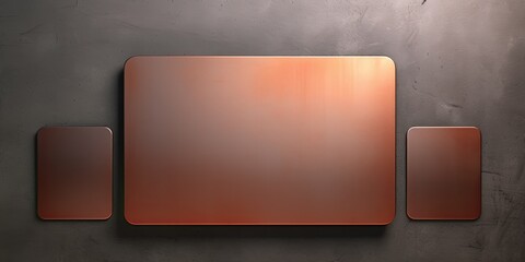 Coral large metal plate with rounded corners is mounted on the wall. It is a 3D rendering of a blank metallic signboard in a copper color with reflections on an industrial concrete background. The pla - obrazy, fototapety, plakaty