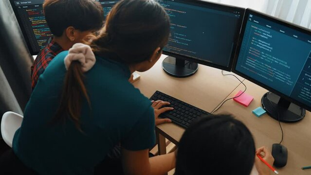 Back end software developer engineer for computer programming working together on debugging writing computing code, solving complex algorithms display on monitor in office. Burgeoning