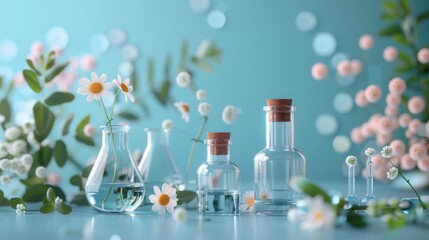 Elegant glass bottles and scientific glassware present botanical extracts and fresh flowers on a serene blue backdrop.