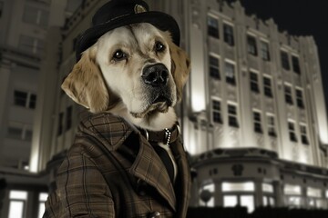 Dog in mafia getup, Art Deco style building background, night, high detail, moody ambiance