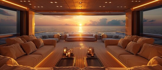 stunning yacht interior design with a large seating area, featuring plush sofas and warm lighting - obrazy, fototapety, plakaty