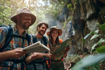 Summer Nature Adventure: Friends Exploring the Wilderness with Maps, Hats, and Backpacks