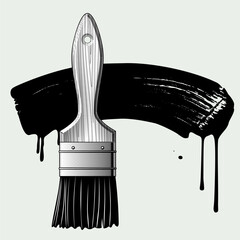 Vintage black and white engraved drawing of a paint brush and black silhouette of a paint stroke with smudges. Vector illustration