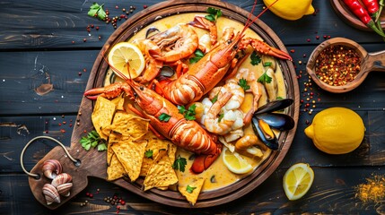 An Abundant Seafood Platter With Lobster, Shrimp, Mussels, and Broth, Garnished With Lemon and Paired With Spices and Tortilla Chips