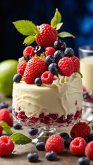 Delectable dessert takes center stage, adorned with bounty of fresh, vibrant berries. Cake, perched on clear pedestal, reveals layers of creamy frosting, juicy red fillings that peek through sides.