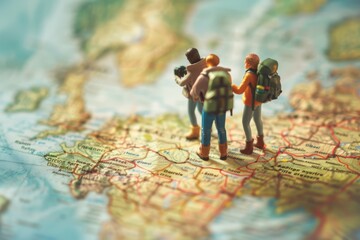 World Map Exploration: Travelers with Backpacks Planning Their Adventure