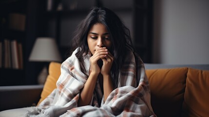 A young woman sick with fever and flu sits on the living room sofa covered in a blanket.