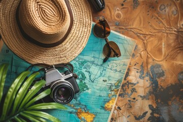 Globetrotter Essentials: Sunglasses, Hat, Camera, and World Map