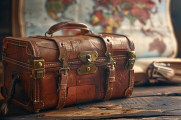 Vintage Wanderlust: Leather Retro Suitcase with World Map Background