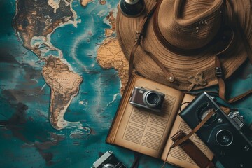 Retro Travel: World Map, Hat, Book, and Camera for Vintage Adventures
