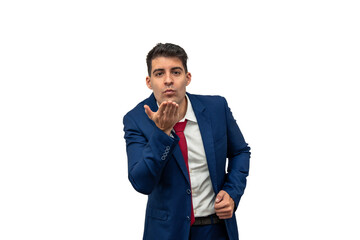 Suited Businessman Blowing Kiss with Blue Suit and Red Tie white background
