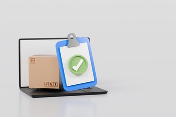 3d Laptop computer device with checklist and cardboard box or parcel box icon. isolated on white background. 3d minimal laptop with cardboard box and a checklist note. 3d rendering illustration.