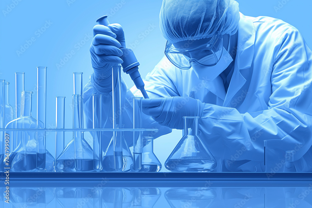 Poster a scientist in a lab coat is working with a variety of glassware, including beakers and test tubes. 