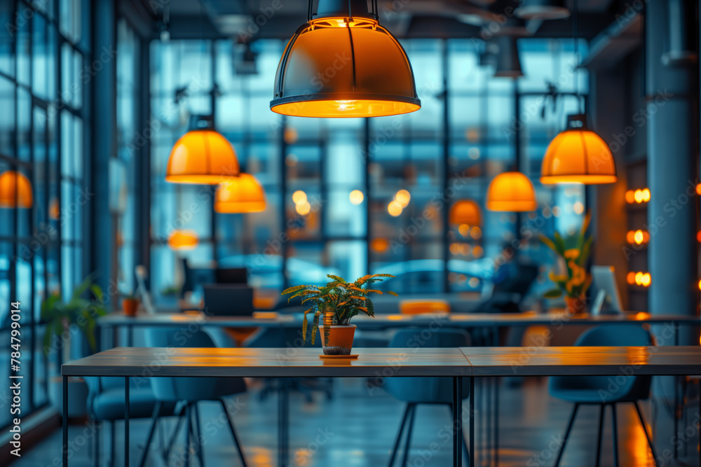 Aufkleber a restaurant with a lot of light fixtures and a table with chairs. scene is warm and inviting