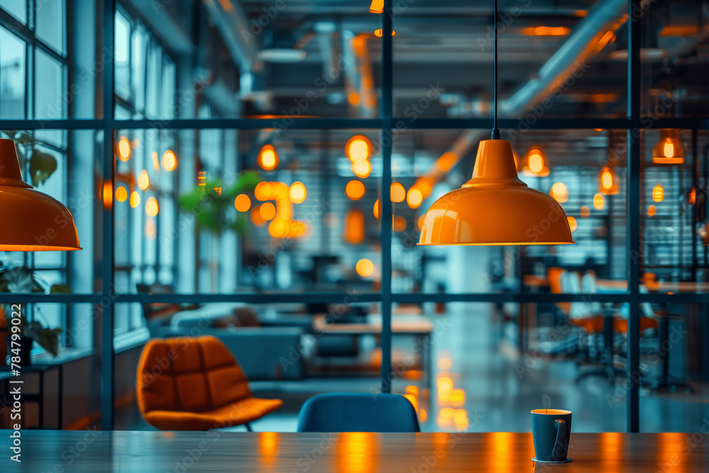 Aufkleber a restaurant with a lot of light fixtures and a table with chairs. scene is warm and inviting