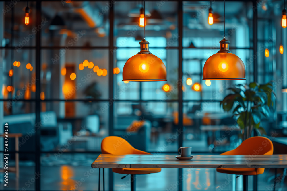 Poster A restaurant with a lot of light fixtures and a table with chairs. Scene is warm and inviting
