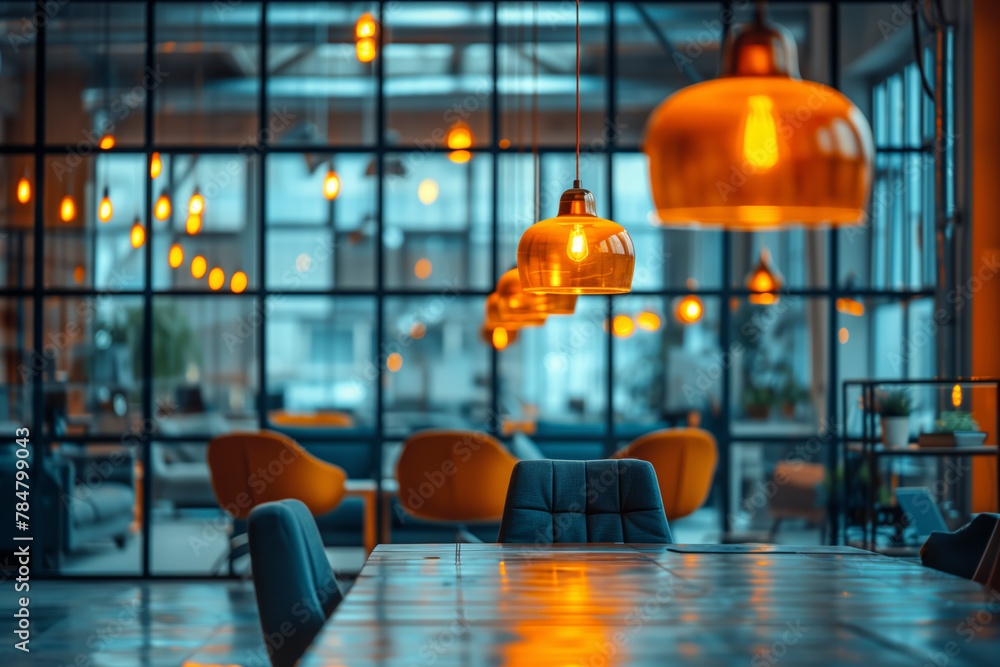 Poster a restaurant with a lot of light fixtures and a table with chairs. scene is warm and inviting