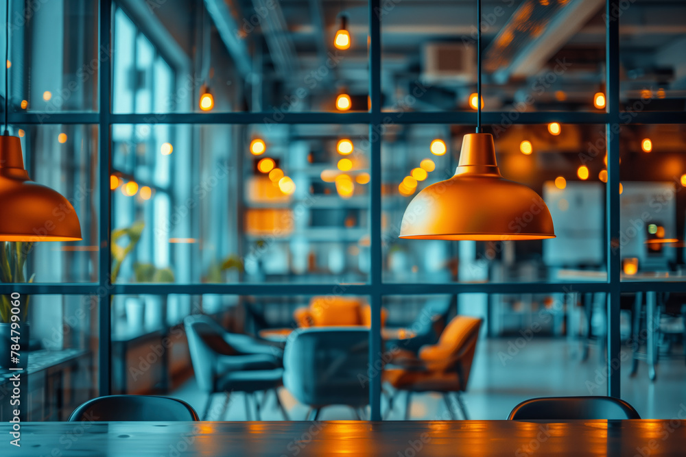 Poster a restaurant with a lot of light fixtures and a table with chairs. scene is warm and inviting