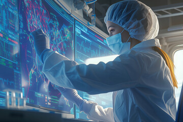 A woman in a lab coat is working on a computer screen with a blue background. She is wearing a mask and gloves