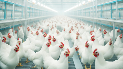 A large flock of white chickens are standing in a pen. The chickens are all facing the same direction, and they are all looking at the camera. The scene is bright and cheerful