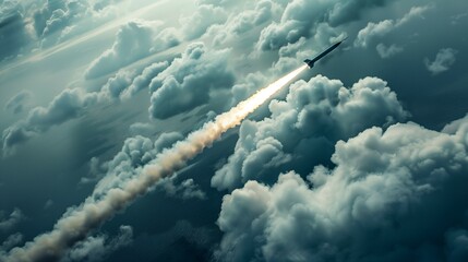Rocket cruise missile, balistic missile taking of leaving trail of smoke - obrazy, fototapety, plakaty