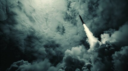 Rocket cruise missile, balistic missile taking of leaving trail of smoke - obrazy, fototapety, plakaty