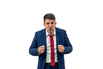 Furious Businessman Glaring at Camera with Clenched Fists white background