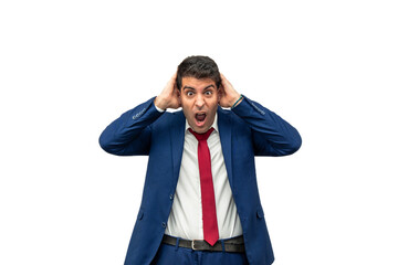Terrified Businessman with Hands on Head and Mouth Open in Shock white background