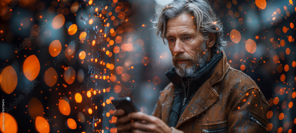 Poster Security network. Cyber Data protection concept. Business man using mobile phone for digital banking with fingerprint biometric network security technology, computer crime, data encryption