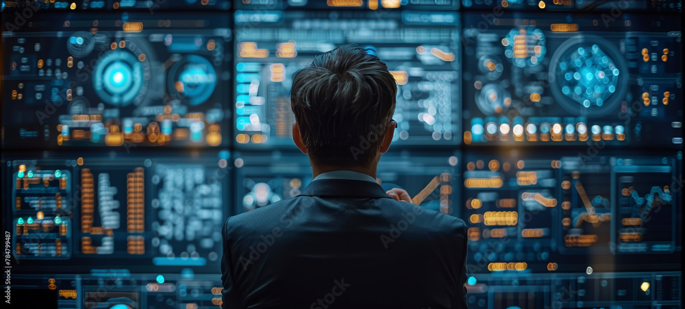 Leinwandbilder Business man using AI technology for data analysis, coding computer language with digital brain, machine learning on virtual screen, business intelligence, AI Artificial Intelligence.