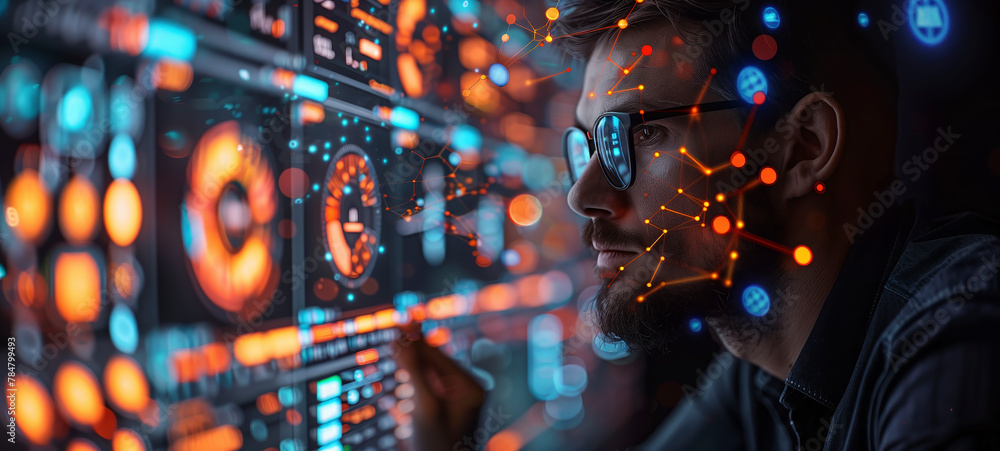 Poster Business man using AI technology for data analysis, coding computer language with digital brain, machine learning on virtual screen, business intelligence, AI Artificial Intelligence.